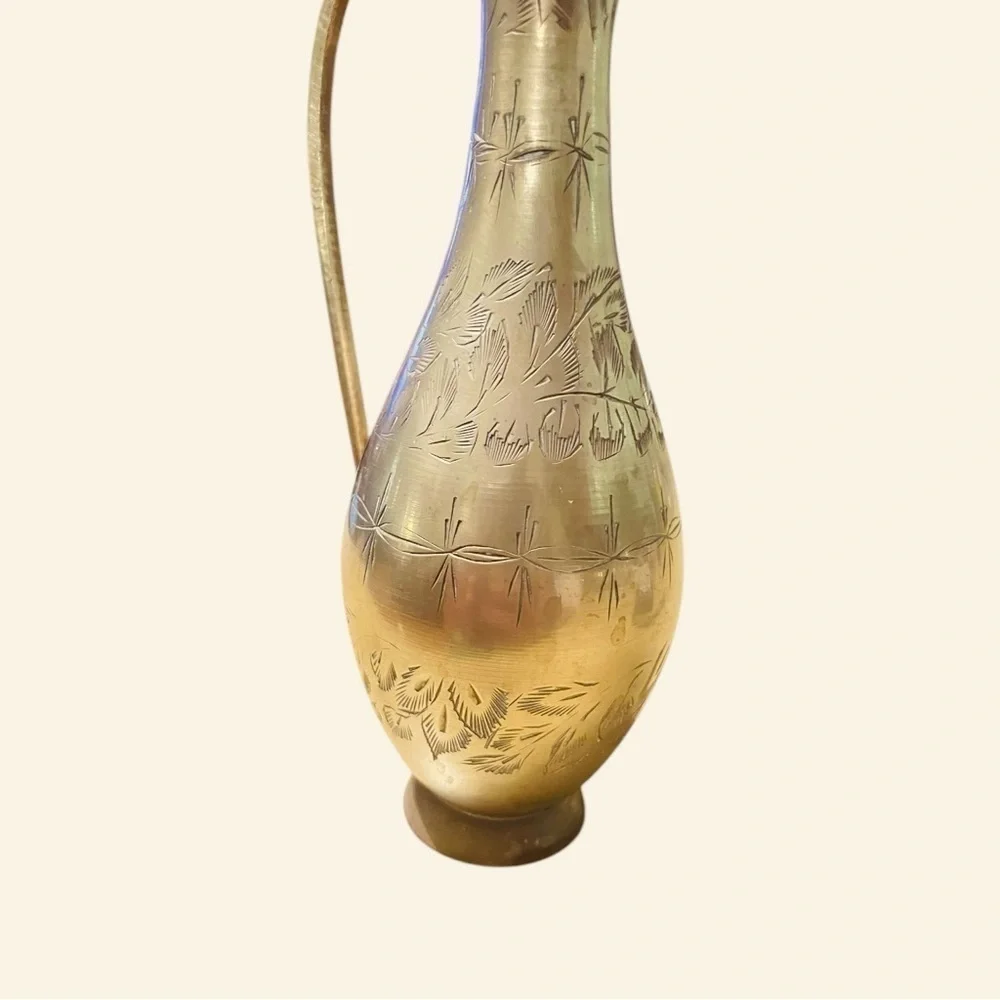 Vintage Solid Brass Pitcher Vase Etched with Handle  11